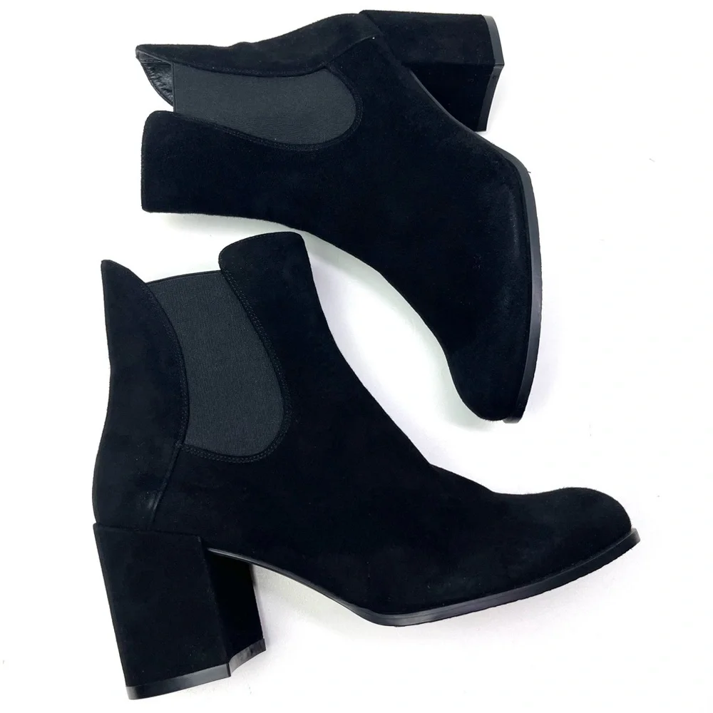 Stuart Weitzman Womens Black Suede Leather Block Heel Pull On Ankle Booties